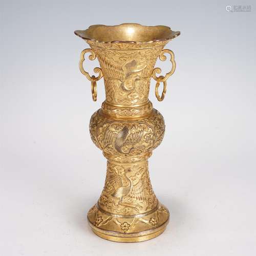 A CHINESE BRONZE-GILT CRANES BEAKER VASE GU