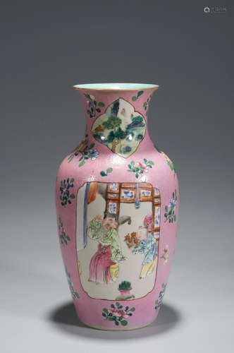 A PINK-GROUND FAMILLY-ROSE FIGURE VASE