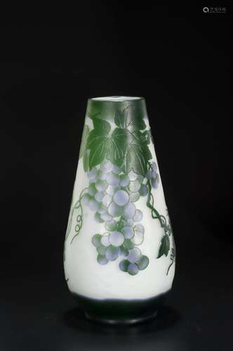 A GREEN-OVERLAY OPAQUE WHITE GLASS CARVED GRAPE VASE