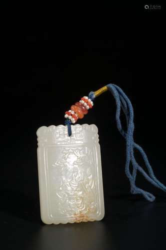 A WHITE JADE CARVED FIGURE AND POEM PENDANT