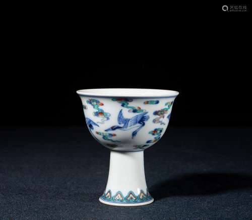 A DOUCAI CRANE STEMCUP,MARK OF YONGZHENG PERIOD,QING DYNASTY