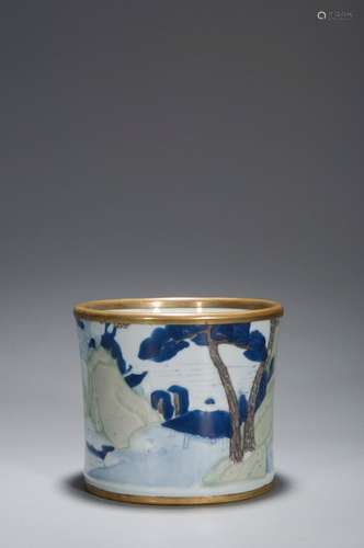 A BLUE AND WHITE AND UNDERGLAZE-RED BRUSH POT