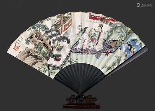 A CHINESE FIGURE PAINTING ON FAN,LIU LINGCANG MARK