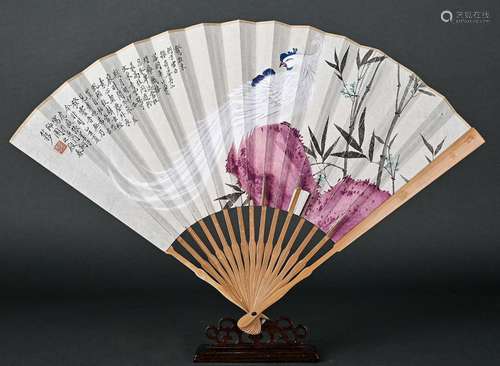 A CHINESE ANIMAL PAINTING ON FAN,ZHANG SHANZI MARK