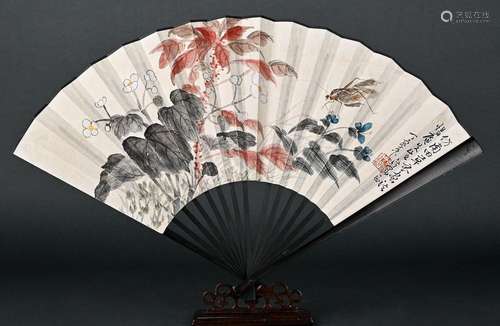 A CHINESE FLOWER PAINTING ON FAN,DING BAOSHU MARK