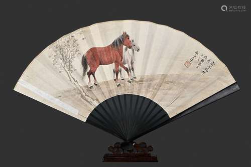 A CHINESE HORSE PAINTING ON FAN,ZHAO JINGYU MARK