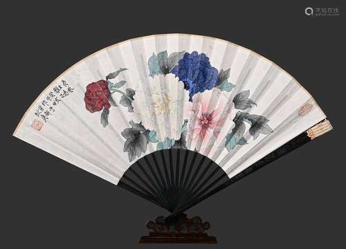 A CHINESE FLOWER PAINTING ON FAN,YU ZHIZHEN MARK