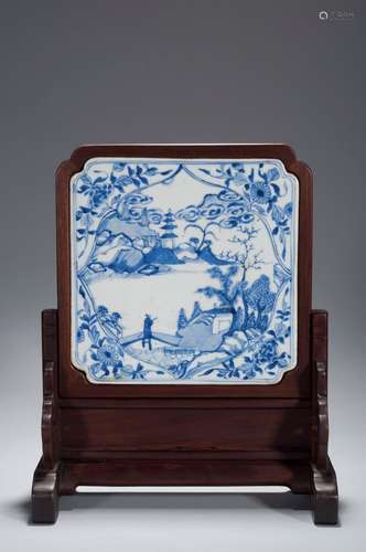 A BLUE AND WHITE LANDSCAPE AND FIGURE PORCELAIN PLATE PARTIT...