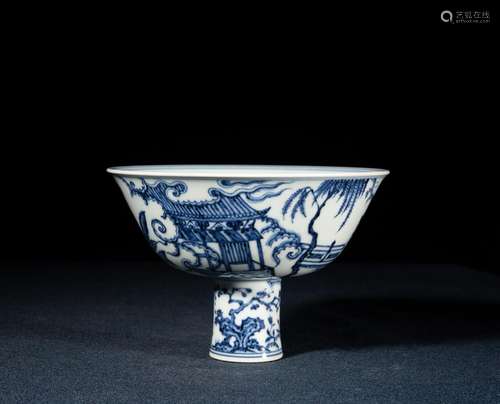 A BLUE AND WHITE FIGURE STEMBOWL.MARK OF XUANDE PERIOD,MING ...