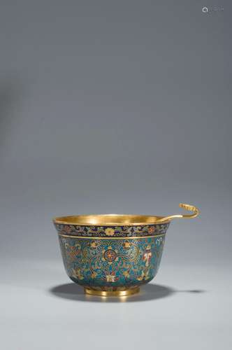 A CLOISONNE WATER POT WITH ORIGINAL GILT-COPPER SPOON