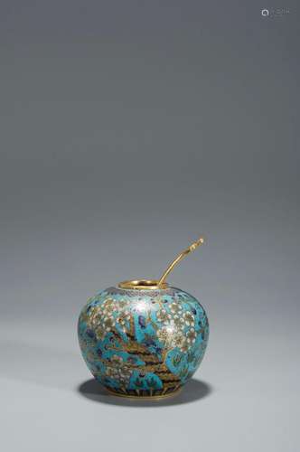 A CLOISONNE POEM WATER POT WITH ORIGINAL GILT-COPPER SPOON