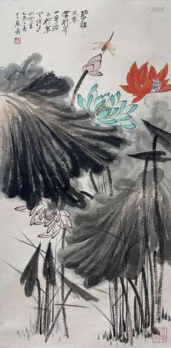 A CHINESE LOTUS PAINTING,ZHANG DAQIAN MARK