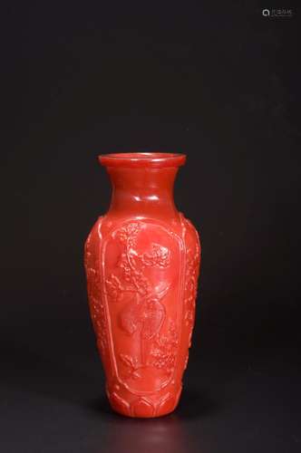 A RED GLASS CARVED FLOWER AND BIRD VASE