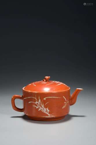 A CORAL-RED-GLAZE TEAPOT