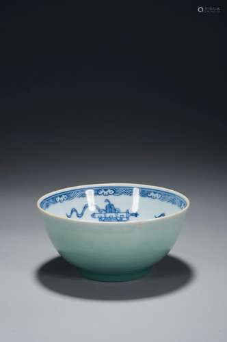 A BLUE AND WHITE INSIDE BEAN GREEN GLAZED BOWL