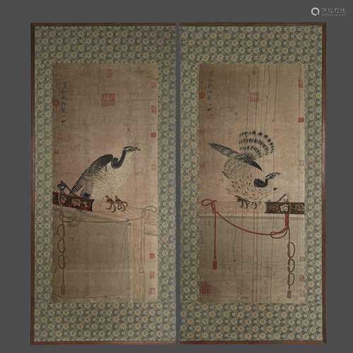 A 2 LEAFS CHINESE EAGLE PAINTING SCREEN