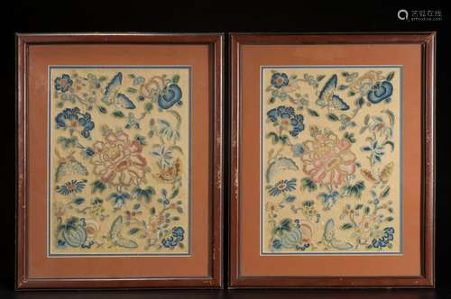 A PAIR OF CHINESE BUTTERFLY AND FLOWER EMBROIDERIES