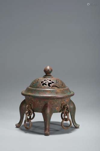 A COPPER FOUR-LEGGED CENSER