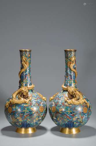 A PAIR OF CLOISONNE DRAGON VASES