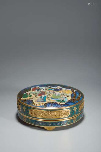 A CLOISONNE CIRCLURE BOX AND COVER WITH 8 ARHAT PATTERNED