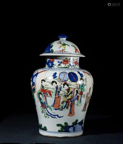 A MULTICOLORED FIGURE PATTERNED JAR AND COVER