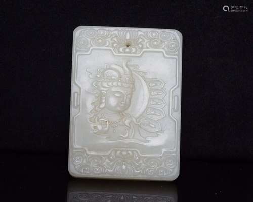 Chinese Natural Hetian Jade Hand-Carved Exquisite Guanyin Pe...