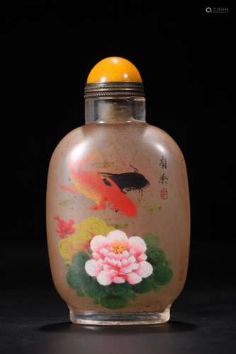 Chinese Old Beijing Glaze Inside Painting Exquisite Carp Pat...