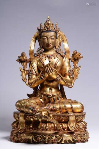 Copper, gold and stone agate tara's statue30 cm tall, 18...