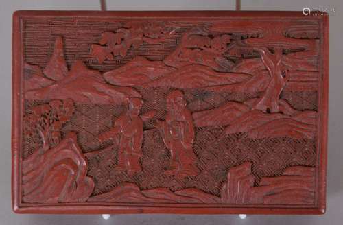 Chinese Carved Cinnabar Lacquer Box Figures Garden Wan Backg...