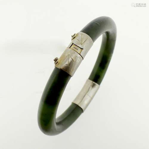 Vintage Nephrite Jade Silver Mounted Chinese Bangle or Brace...