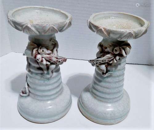 Antique Chinese Rare Song Qingbai Dragon Candlesticks w Iron...