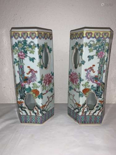 A Pair Of Chinese Antique Porcelain Vases (Hat Tube) Qing Dy...