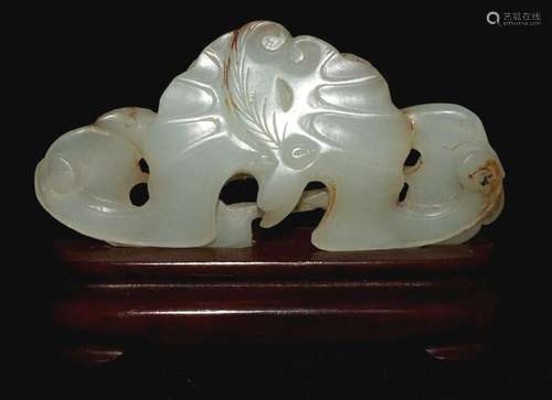 Antique Chinese White Nephrite Jade Carving Bat & 3x Pea...