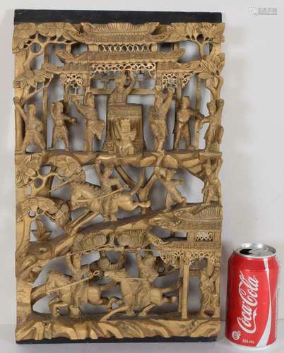 Chinese Deep Carved 3D Gilt Wood Panel Court and Horseback R...