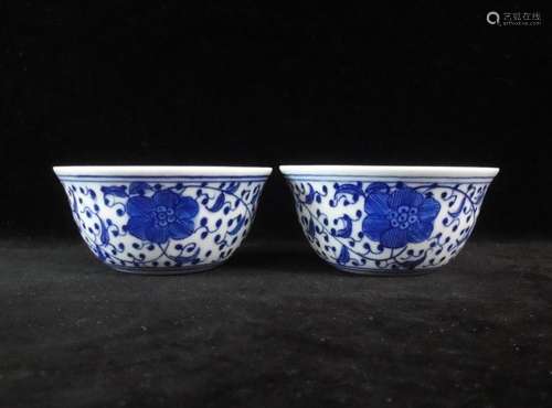 Pair of Chinese Antique Blue and White Painting Porcelain Cu...