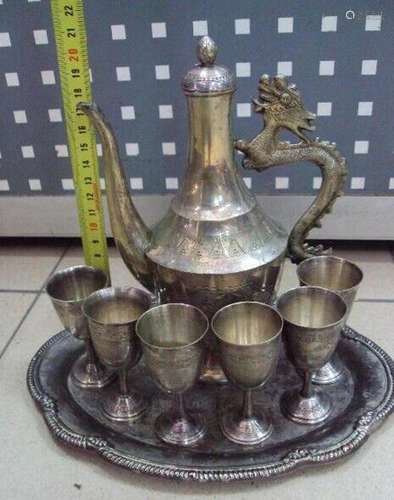 Vintage Cognac Set China Decanter Silver Plated Dragon Handl...