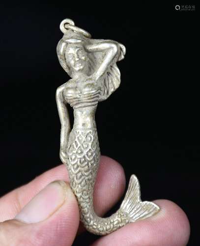 6CM Rare Old Chinese Miao Silver Feng Shui Mermaid Belle Luc...