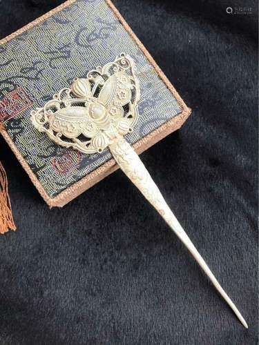 Chinese Antique Collection Tibetan Silver Bat Hairpin Retrow...