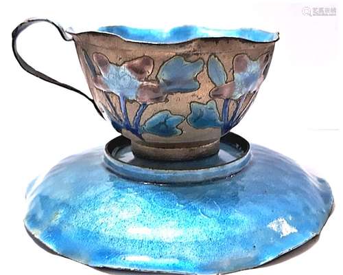 Antique Chinese Enameled Silvered Copper Cup & Saucer St...