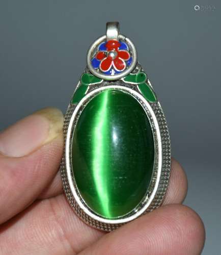 2" Old China Miao Silver Green Gem Feng Shui Jewelry Lu...