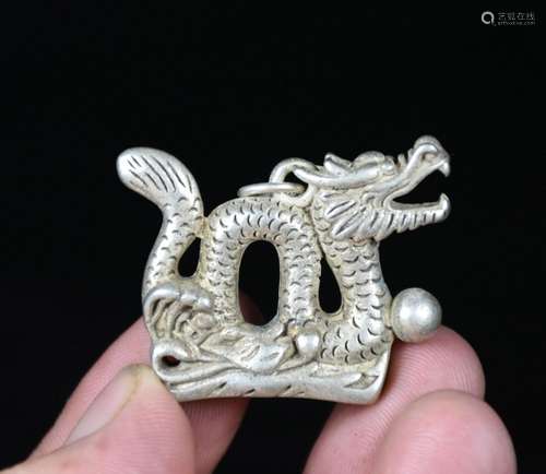 4CM Rare Old Chinese Miao Silver Feng Shui Dragon Play Bead ...