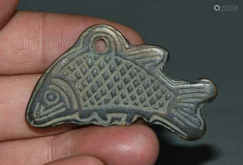 5.3CM Old China Bronze Dynasty Palace Fish Beast Word Pendan...