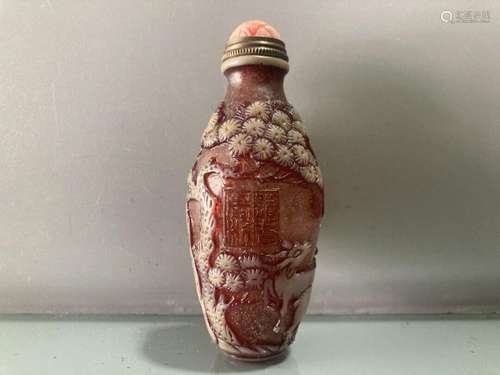 Chinese Peking Glass Snuff Bottle Pine Deer Carving Pattern