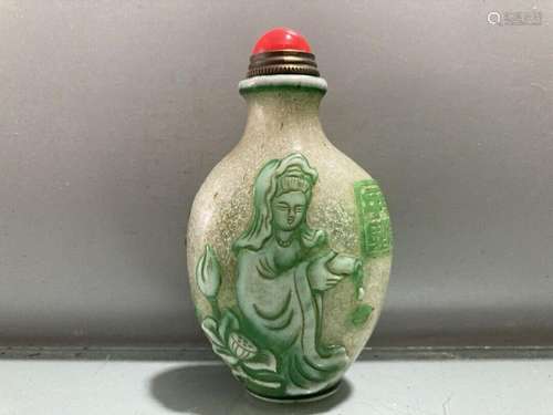 Chinese Peking Glass Snuff Bottle Guanyin Lohan Carving Patt...