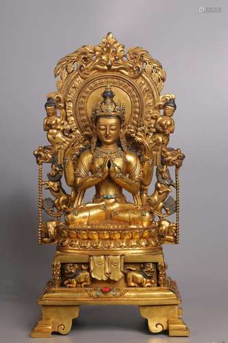 The gold, copper four arm guanyin cave backlit42.2 cm high, ...