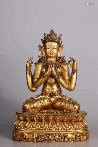 The gold, copper four arm guanyin cave of treasure26 cm high...