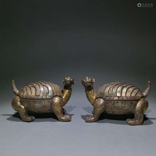 Generation of bronze double turtle cover pot of gold or silv...