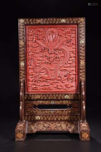 W number 4268: carved lacquerware dragon pearl plaque53 cm l...