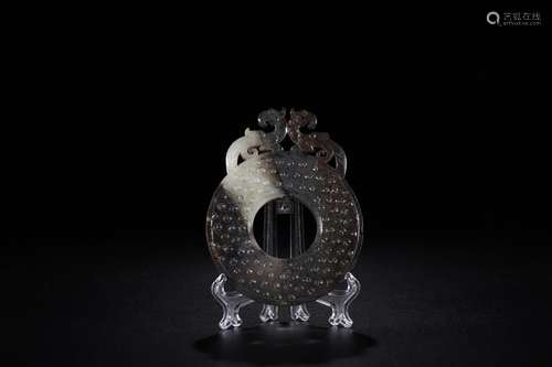 Hetian jade carved with ooze drum lines double phoenix jadeS...