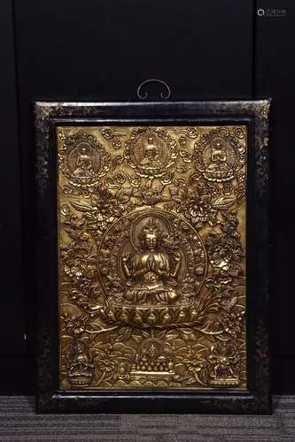 , copper chisel carved four arm guanyin wall hanging46 cm hi...